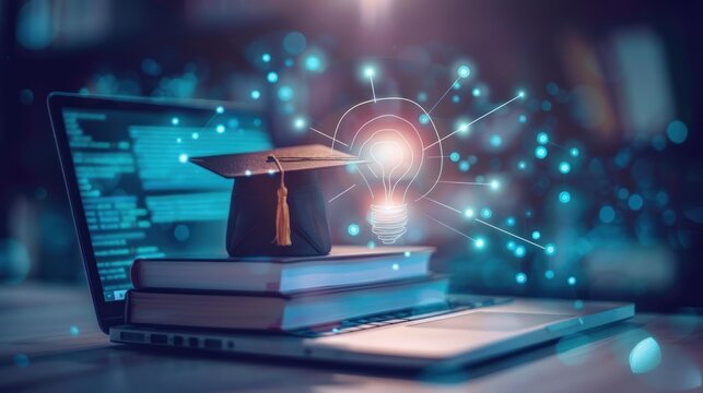 Education - graduation cap, books, laptop and lightbulb